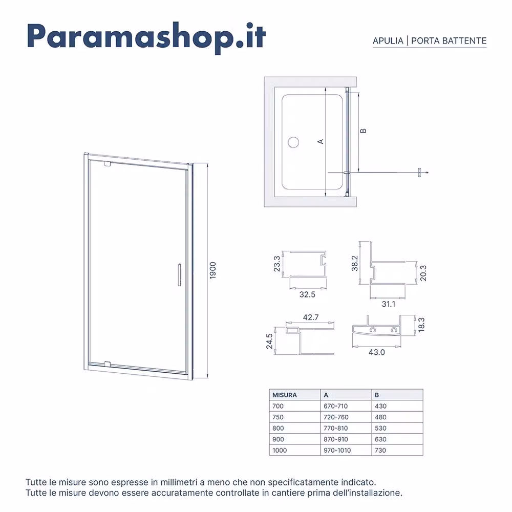Porta doccia a nicchia Parama rettangolare con apertura a battente in vetro opaco bianco, L: 70 cm, H: 190 cm, Spessore: 6 cm – 2