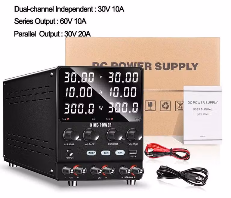 Alimentatore DC – Alimentatore da laboratorio a 2 canali, 30V, 10A – Tensione e corrente regolabili – Conversione AC/DC – Ricarica rapida USB 5V, 2A – Funzioni di protezione – Funzionamento in serie/parallelo