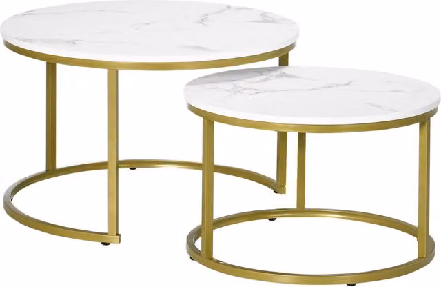 Set di 2 Tavolini da Salotto Rotondi e Impilabili EasyComfort in Acciaio e Truciolato, Bianco e Oro, Ø74 x 46,3 cm e Ø59 x 38,5 cm – 1