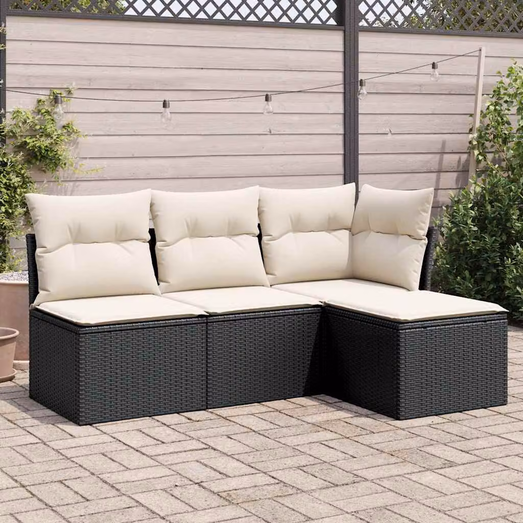 vidaXL Set Divani da Giardino 4 pz a Forma a L con Cuscini, Polyrattan e Struttura in Acciaio Verniciato a Polvere, Nero e Bianco – 1