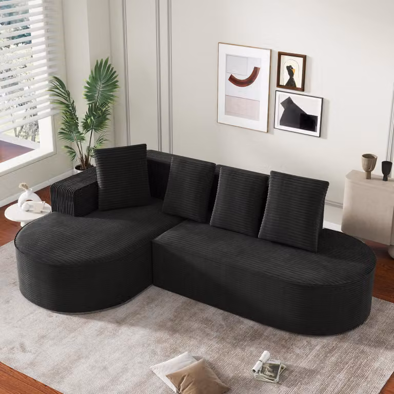 LVHOM Divano angolare con funzione letto in velluto a coste, divano a L senza montaggio, larghezza 265 cm, morbido cuscino profondo, nero