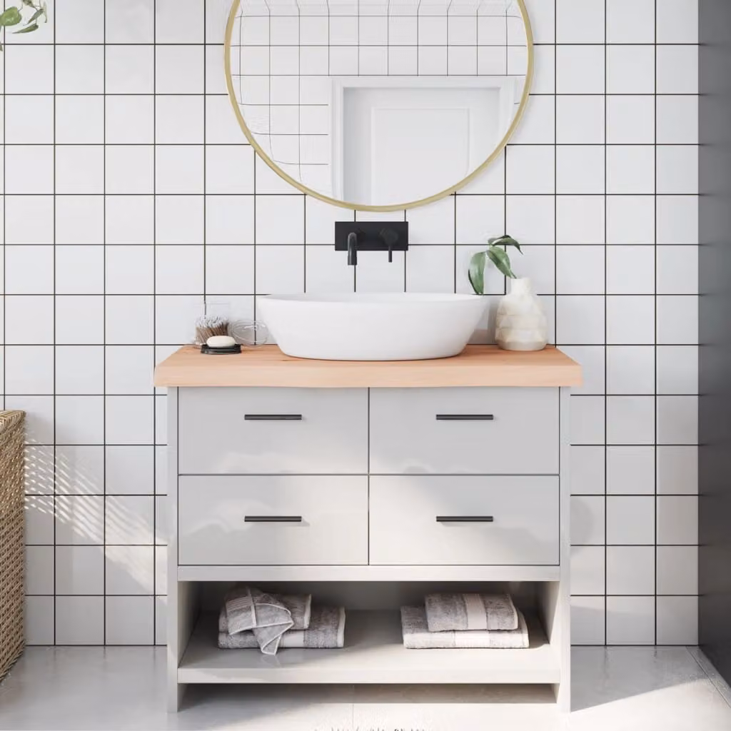 Piano Bagno vidaXL in Legno Massello Non Trattato, Colore Naturale, L 100 x P 40 x H 2-6 cm