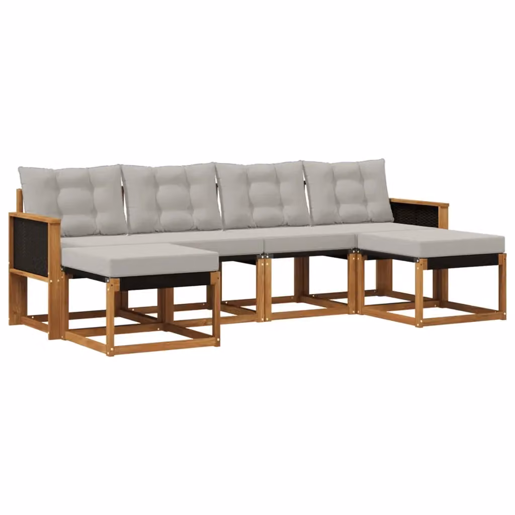 Set di divani da esterno a L vidaXL in legno di acacia con pouf e cuscini, beige e grigio – 2