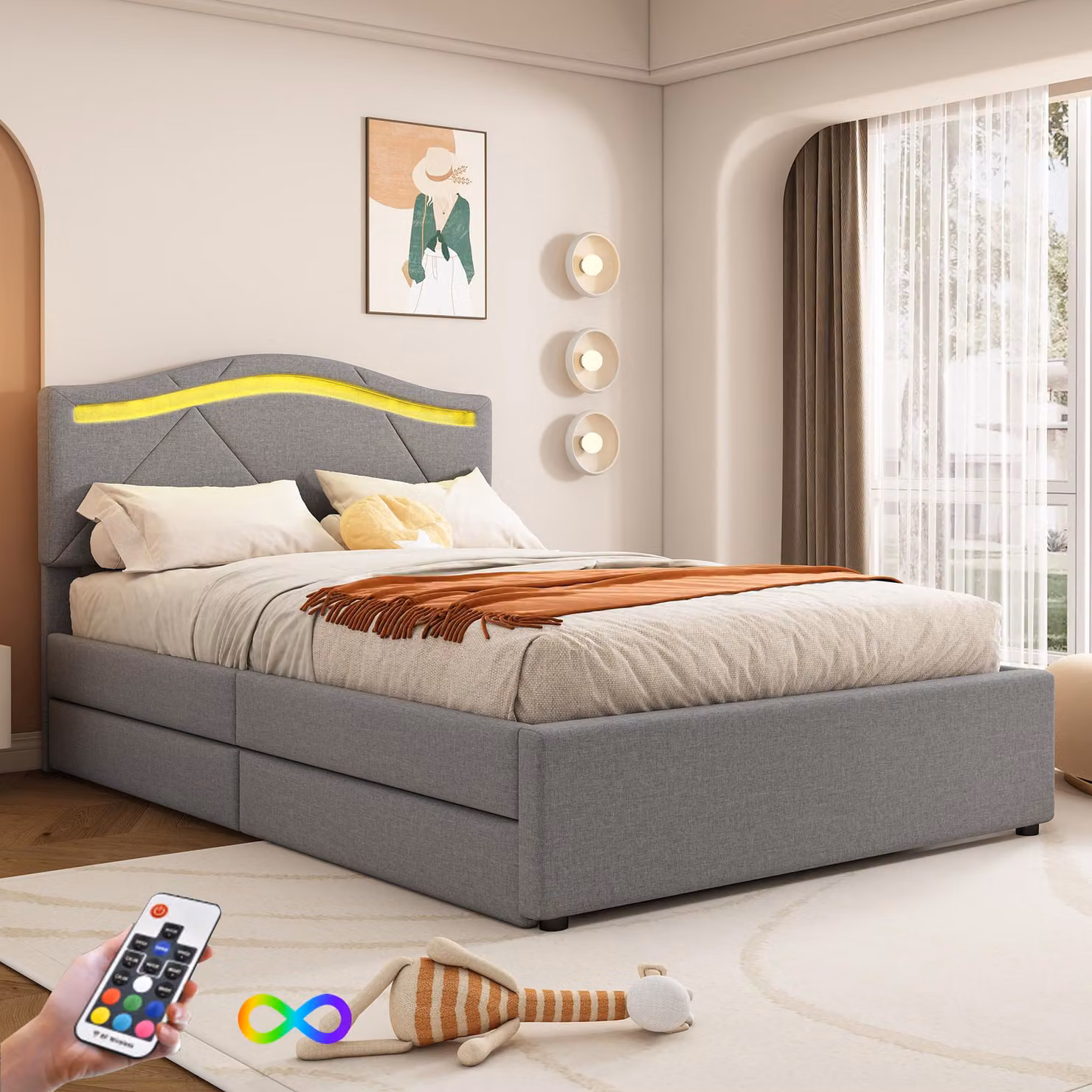 Letto imbottito Merax 90 x 200 cm, con 2 cassetti, luce ambientale a LED, testata regolabile, letto per ragazzi, letto singolo, letto per bambini, biancheria, grigio