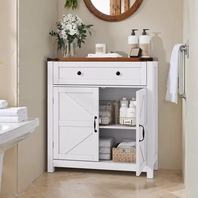 Mobile contenitore stile rustico con cassetti e ripiani regolabili, bianco con piano in noce, consolle moderna per cucina, sala da pranzo, bagno, ingresso