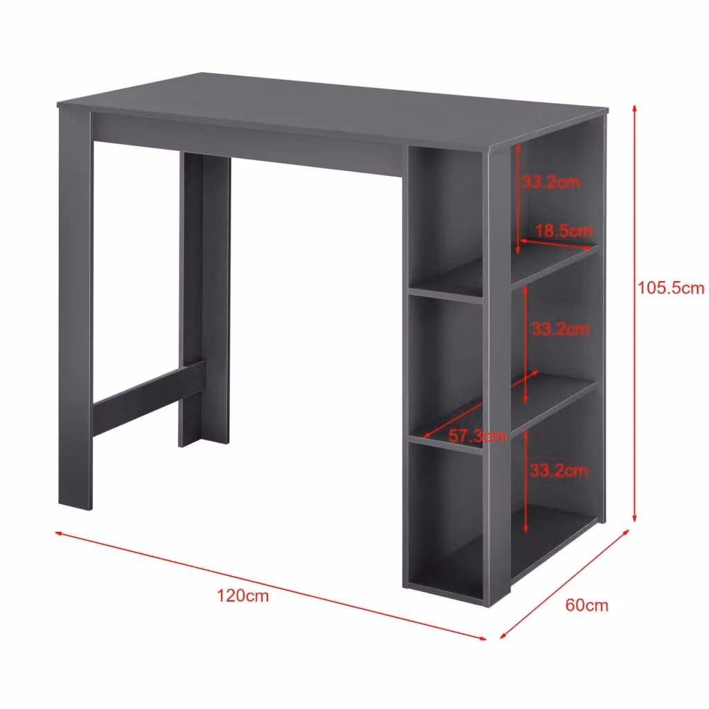 Tavolo alto da bar Danderyd en.casa con 3 ripiani laterali, Grigio scuro, L: 120 cm, P: 60 cm, H: 106 cm – 2