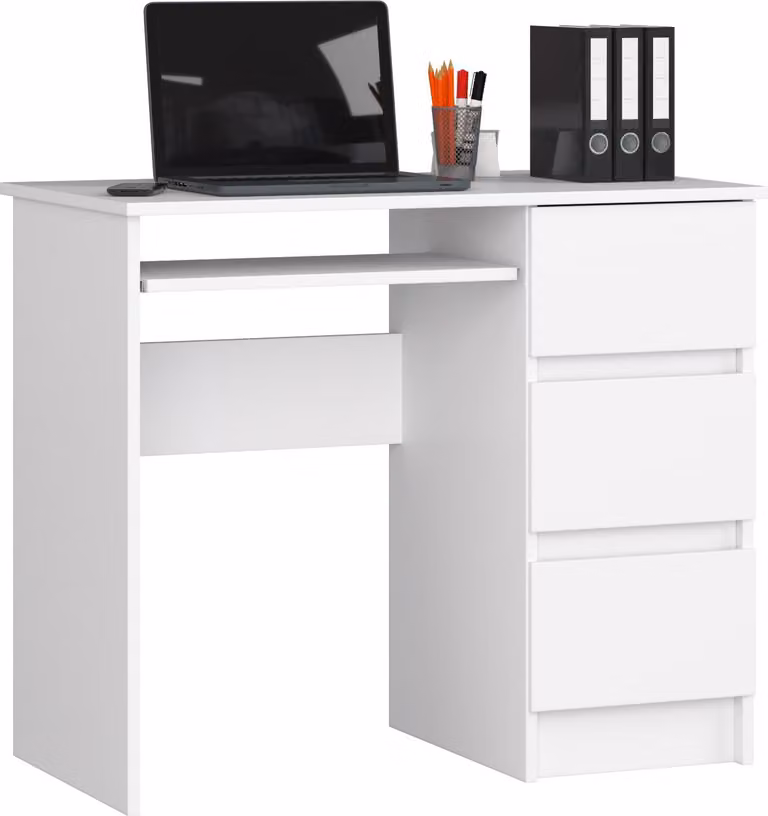 Una scrivania piccola con 4 cassetti sul lato destro, con le seguenti dimensioni: altezza 77 cm, larghezza 90 cm, profondità 50 cm