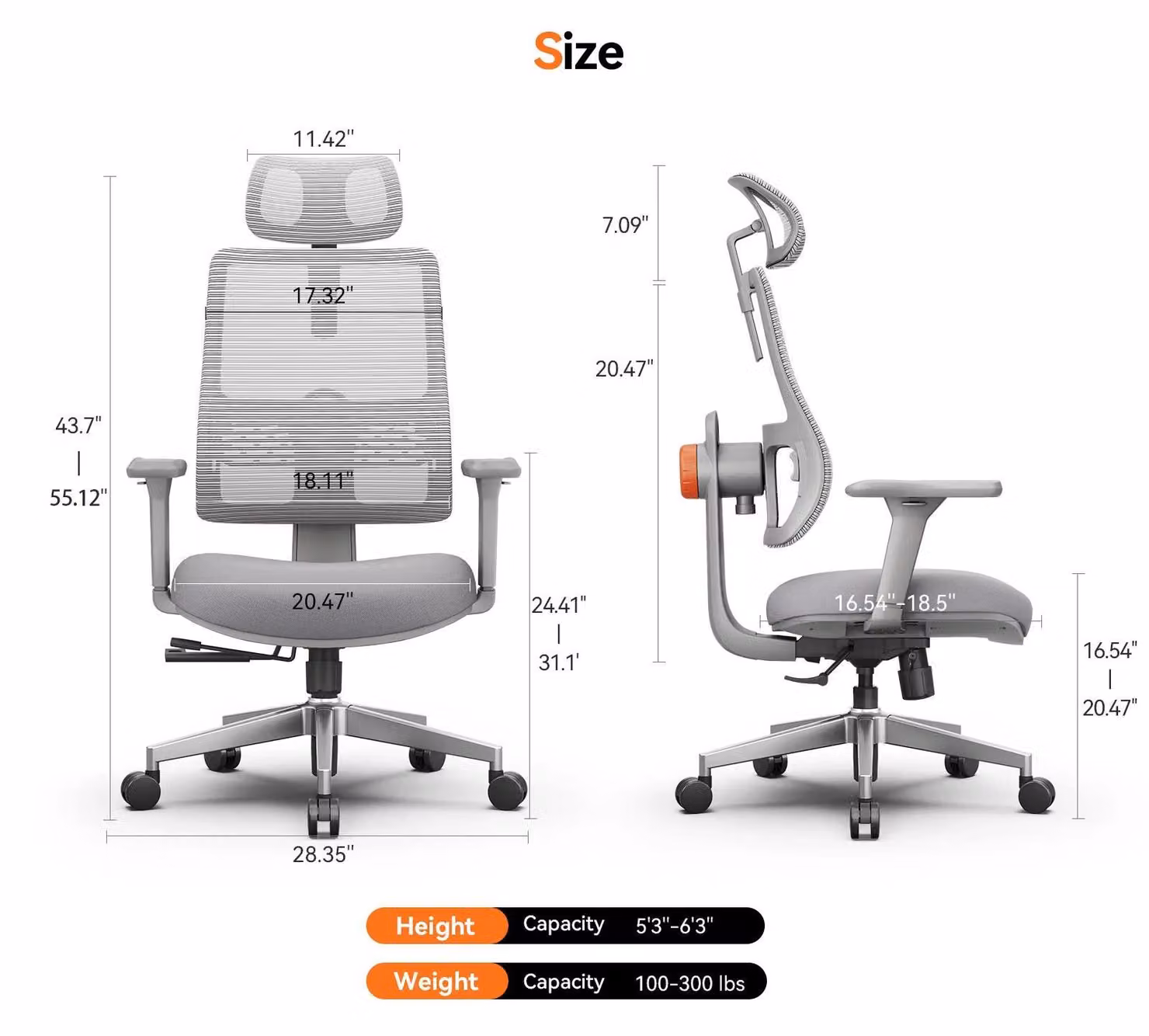 Sedia da ufficio ergonomica - Sedia girevole - Schienale regolabile che segue i movimenti - Supporto lombare adattivo - Poggiatesta regolabile - Profondità della seduta regolabile - Regolabile in altezza, con braccioli e ruote