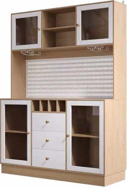 Mobiletto alto bianco con illuminazione LED smart, scaffali regolabili e portabottiglie per soggiorno e cucina