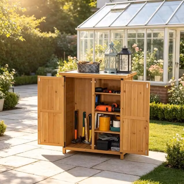Armadio da giardino ULEVR 75x40x90 cm con 2 ante, 3 ripiani e vano laterale, legno di abete giallo