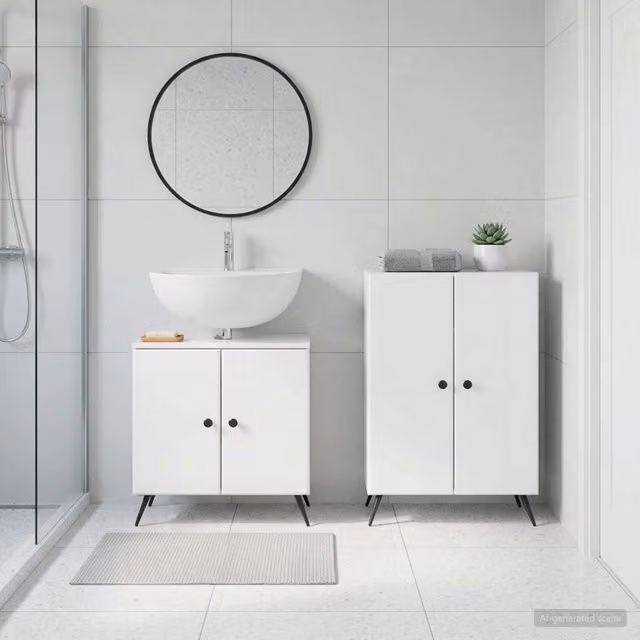 Set di mobili da bagno moderno vidaXL composto da mobile lavabo e mobile laterale in legno bianco lucido