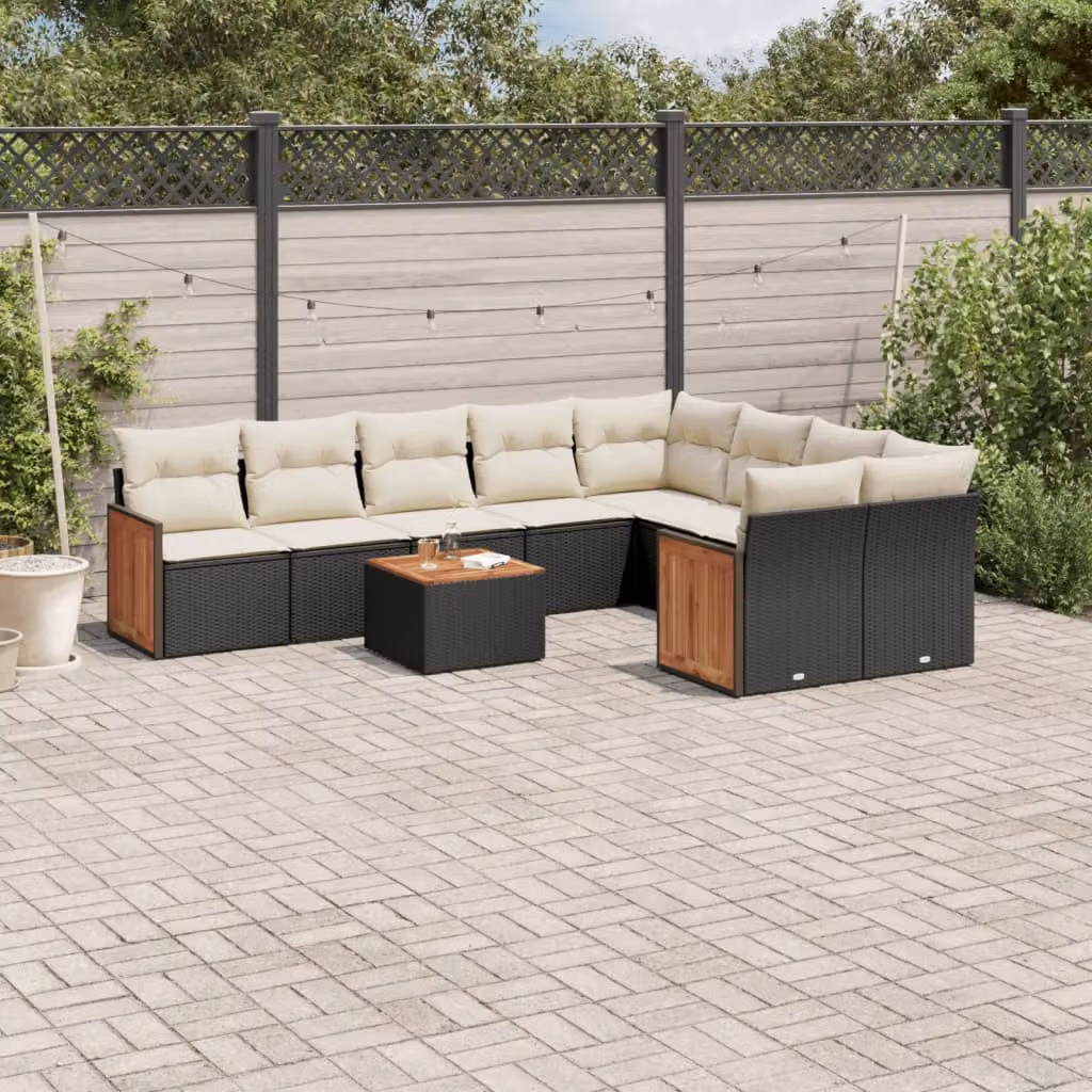 Set di divani da giardino vidaXL a forma di L in polyrattan nero con cuscini inclusi e tavolino da esterno – 1