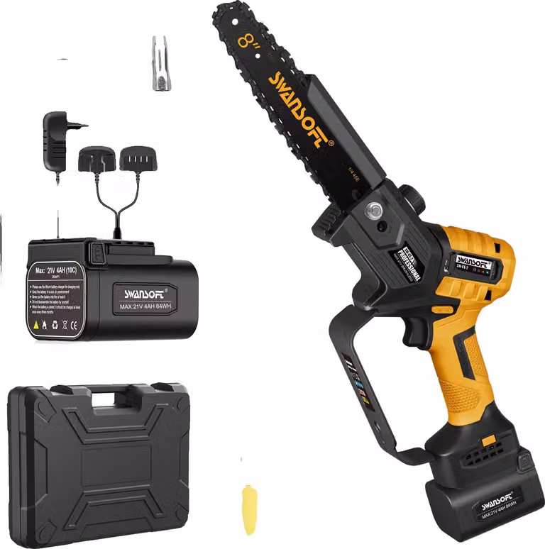 Mini motosega a batteria, motore brushless, lubrificazione automatica, 4Ah, due batterie