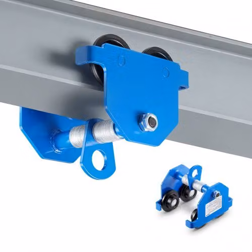 Carrello per trave a I VEVOR in acciaio al carbonio blu, carico 0,5 T, larghezza regolabile 53-140 mm, con doppia ruota scorrevole per paranco elettrico, adatto a travi dritte e curve
