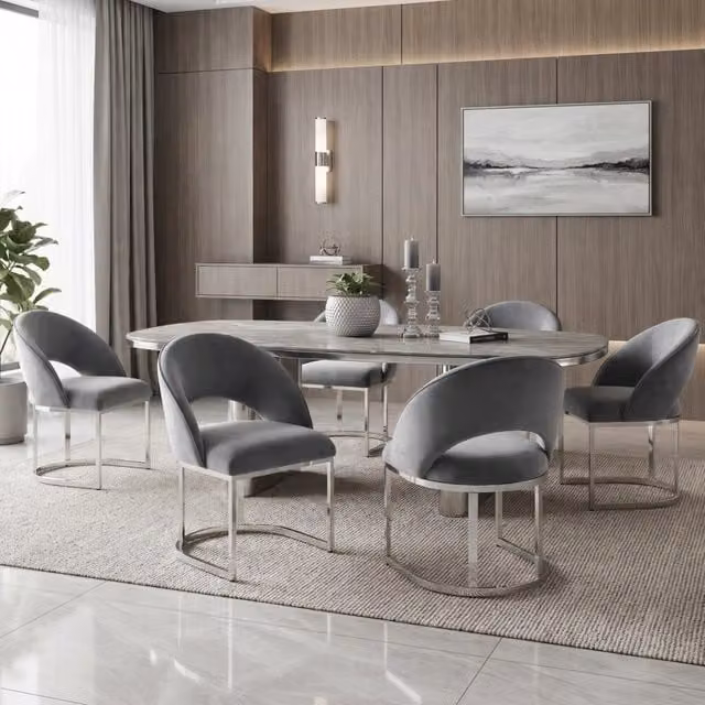 Set di 6 sedie da pranzo in velluto grigio con gambe in metallo argentato