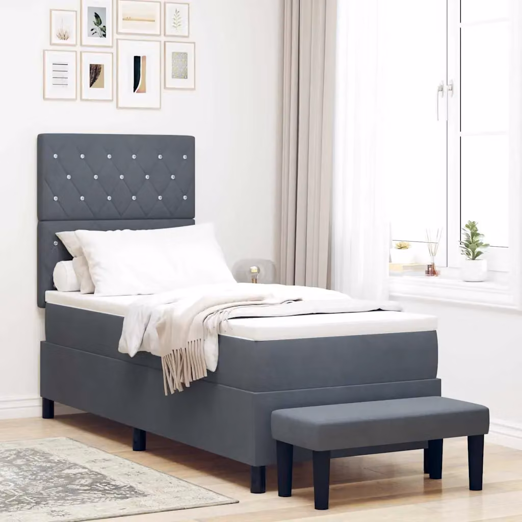 Letto a molle con testiera vidaXL in velluto grigio, L 80 cm x P 200 cm x H 128 cm – 1