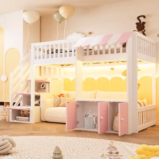 Letto a soppalco con cassetti e LED ¨C Minimal ¨C in legno rosa 90x200 cm con rete a doghe