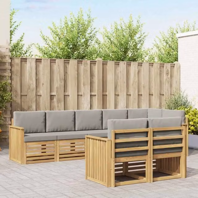 Set di divani da esterno a L vidaXL in legno di acacia con cuscini bianchi e grigi – 1
