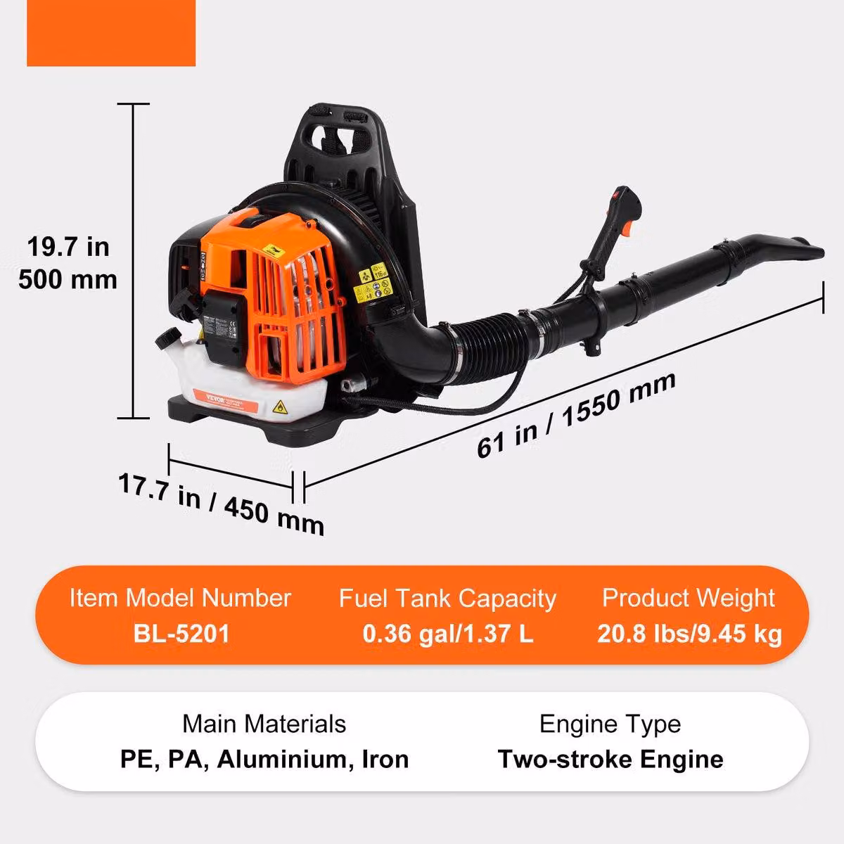 Zaino per decespugliatore - 52cc - 2 tempi - 480 CFM - Volume d'aria - Velocità di 300 km/h - 6500 giri/min