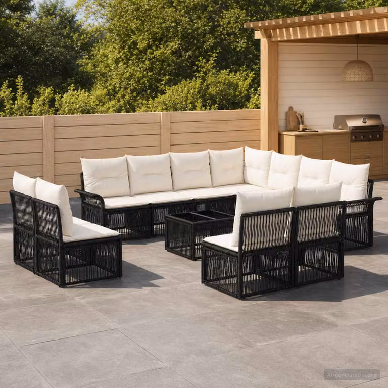 Set Divano da Giardino vidaXL a Forma di L con Tavolino da Caffè e Cuscini Neri in Polyrattan e Metallo