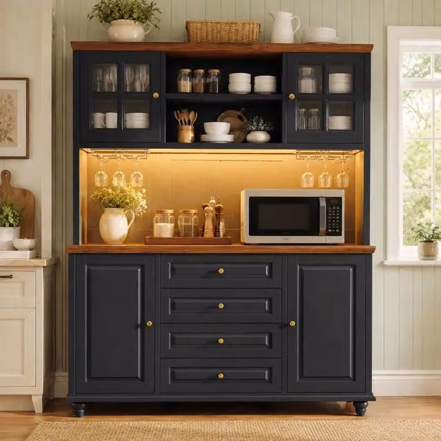 Credenza alta da cucina con LED RGB; 4 cassetti e ripiani regolabili; 140x40x179;5 cm; nera