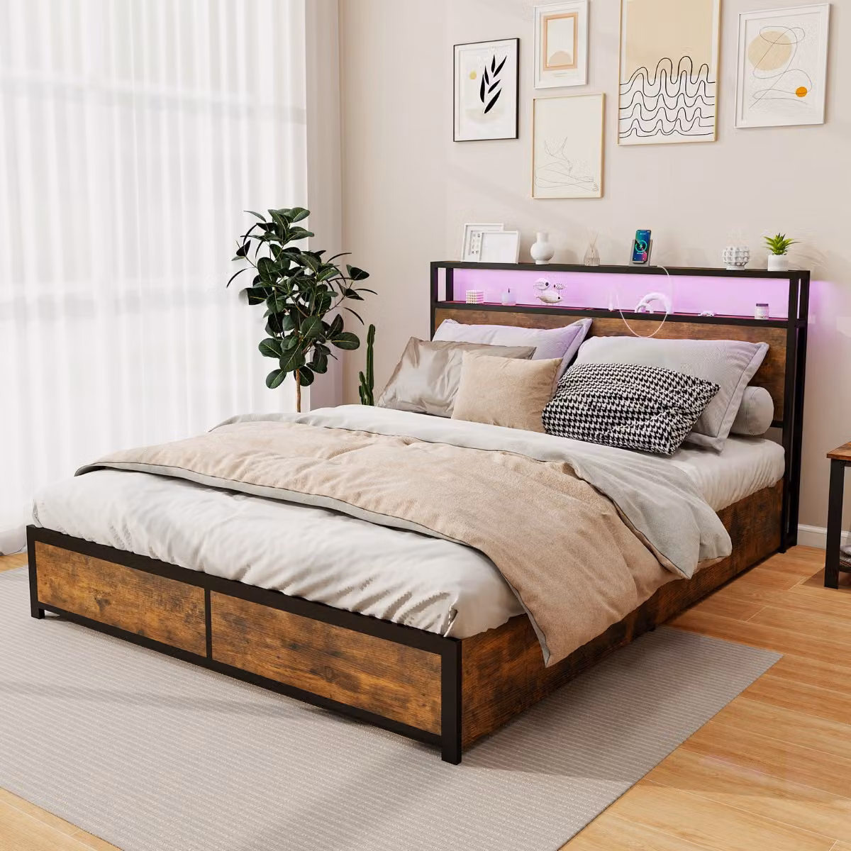 Costway Letto King Size Marrone con 4 Cassetti, Luci LED Sotto il Letto, Porta USB e Ripiano Integrato, L/P: 160 x 200 cm – 3