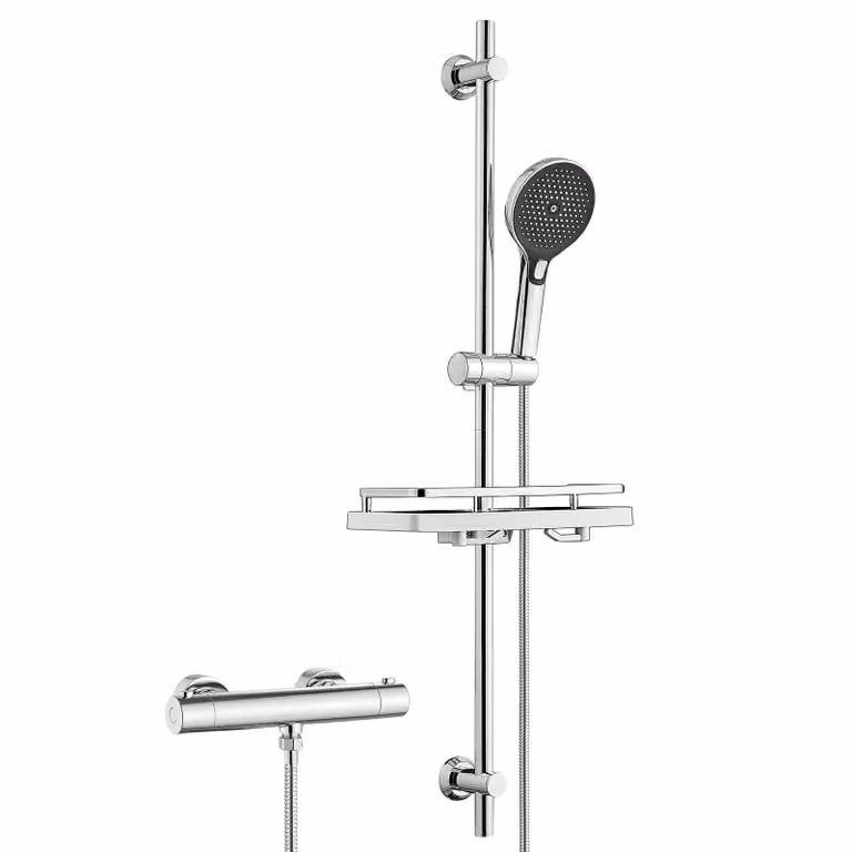 Sistema doccia JOHO in acciaio inossidabile con rubinetteria, set con barra doccia, termostato, doccetta, flessibile e barra doccia da 100 cm con portasapone, cromato