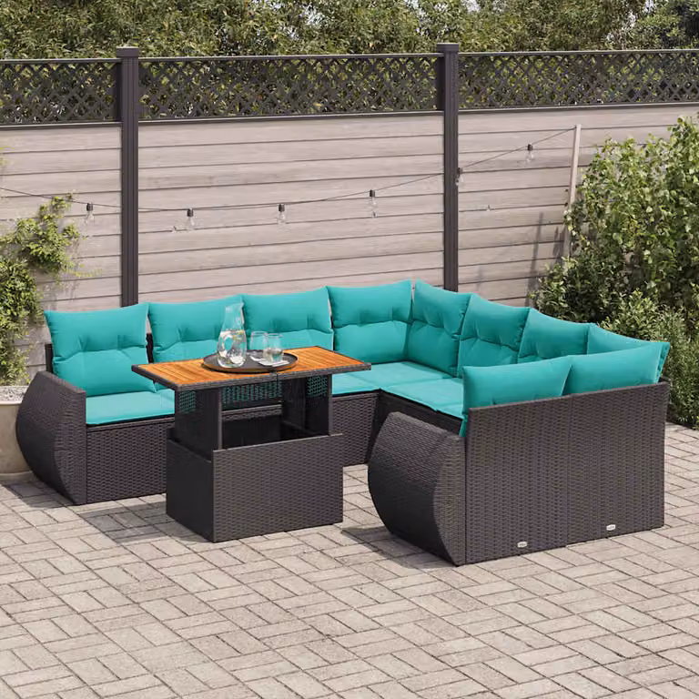 Set Divani da Giardino vidaXL 9 pz a forma a U in Polyrattan con Cuscini Blu e Nero e Tavolino da Esterno