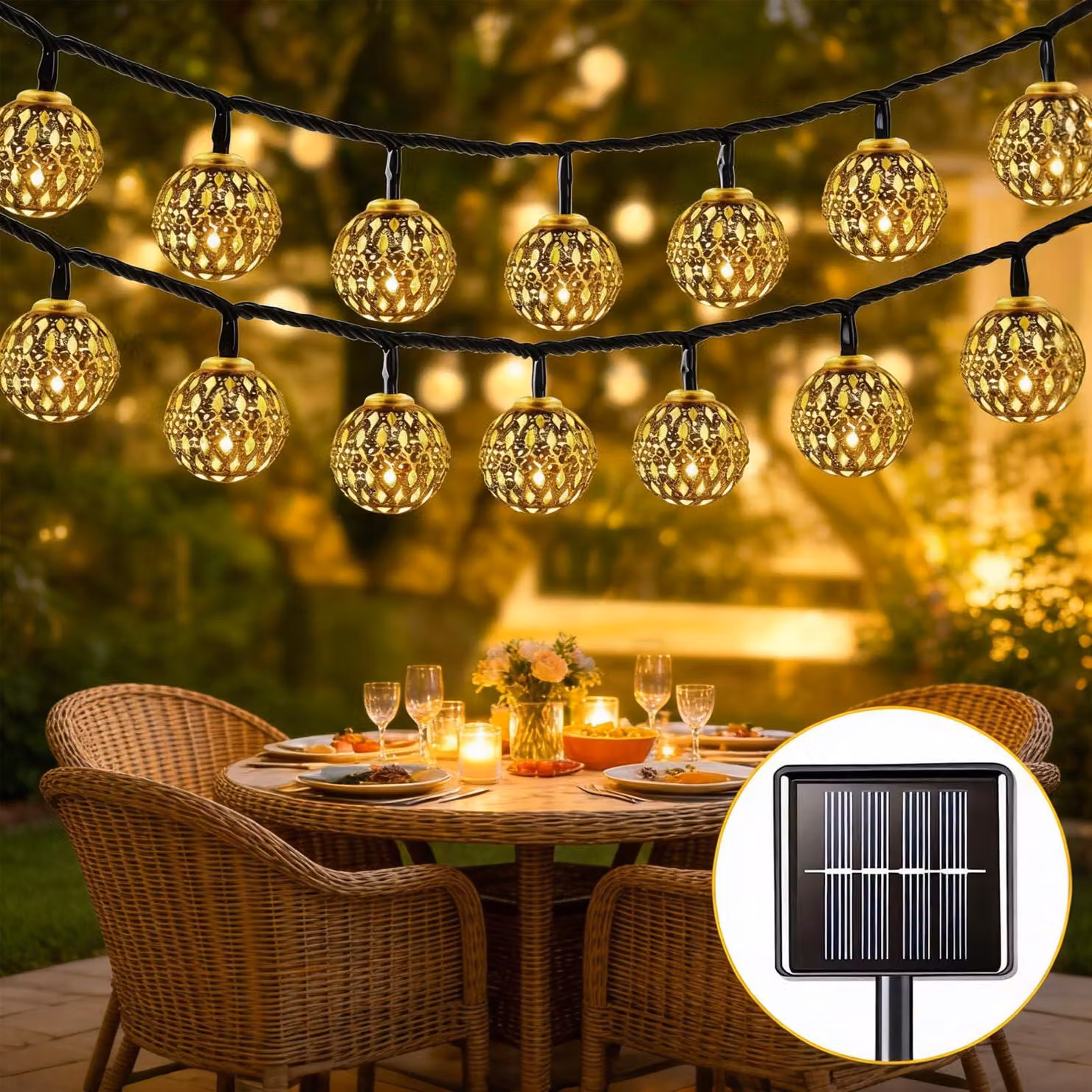 Catena luminosa solare, 12 metri, 100 LED, luce bianco caldo, sfere argentate, grado di protezione IP65