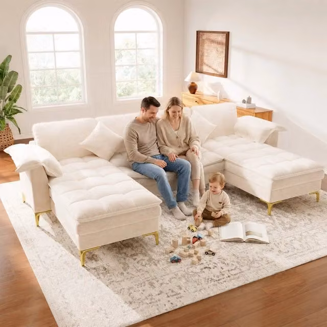Divano angolare 4 posti con 2 chaise longue ¨C Minimal ¨C Beige velluto chenille gambe metallo dorato cuscini inclusi