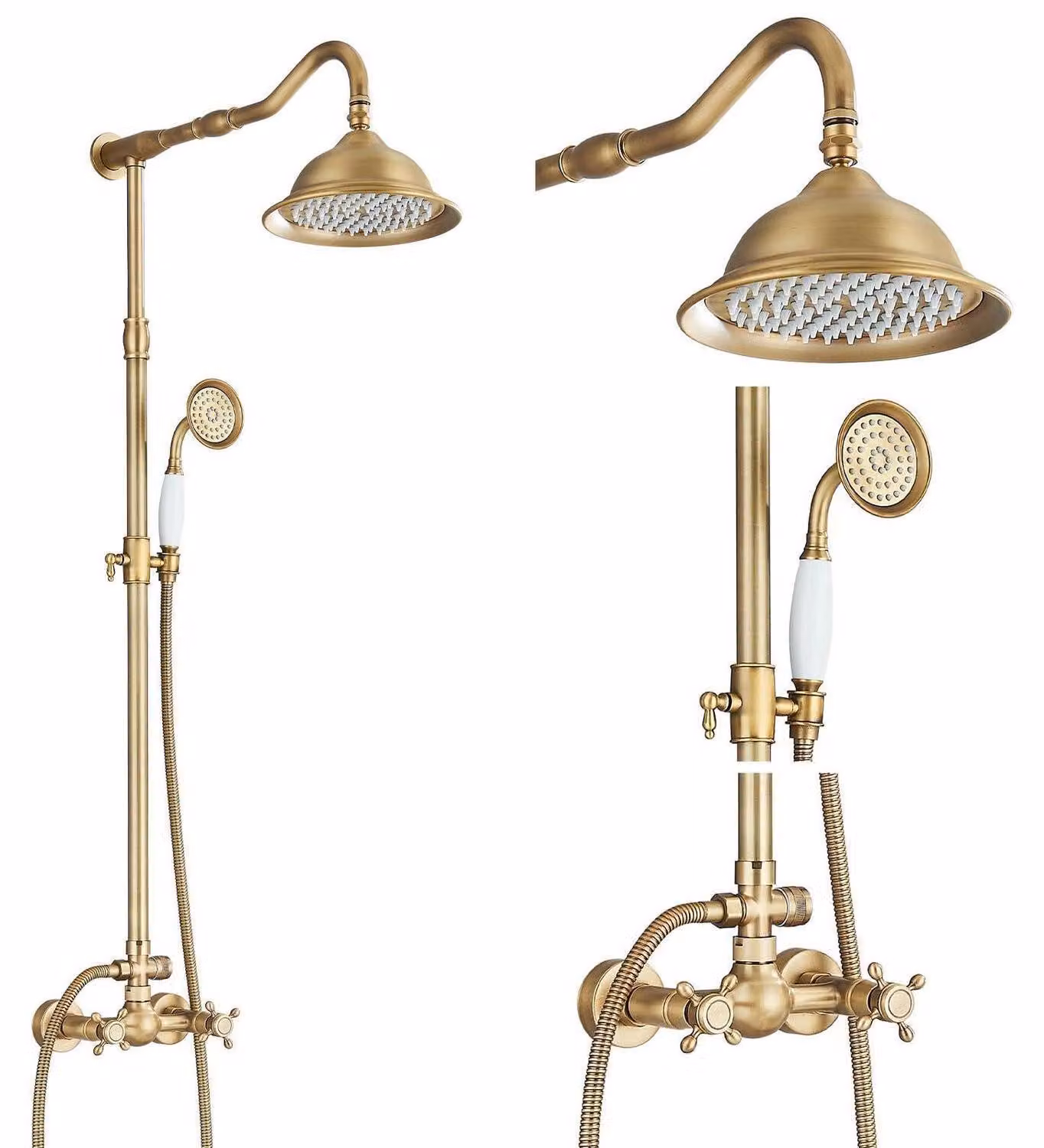 Colonna doccia in ottone anticato, con doccia a pioggia e soffione manuale, regolabile in altezza da 960 a 1350 mm