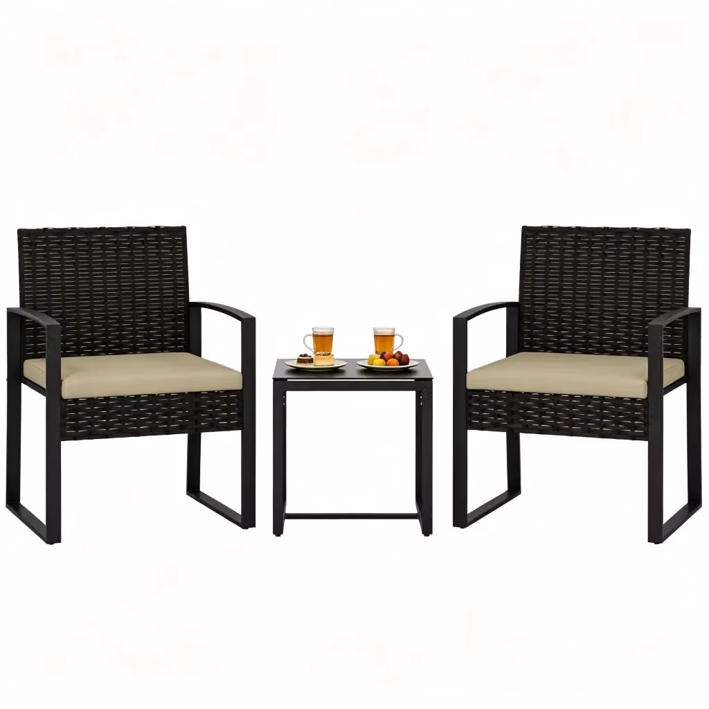 Set salotto da giardino Minimal composto da 1 tavolo e 2 sedie in polyrattan e vetro, disponibile nei colori nero o marrone – 2