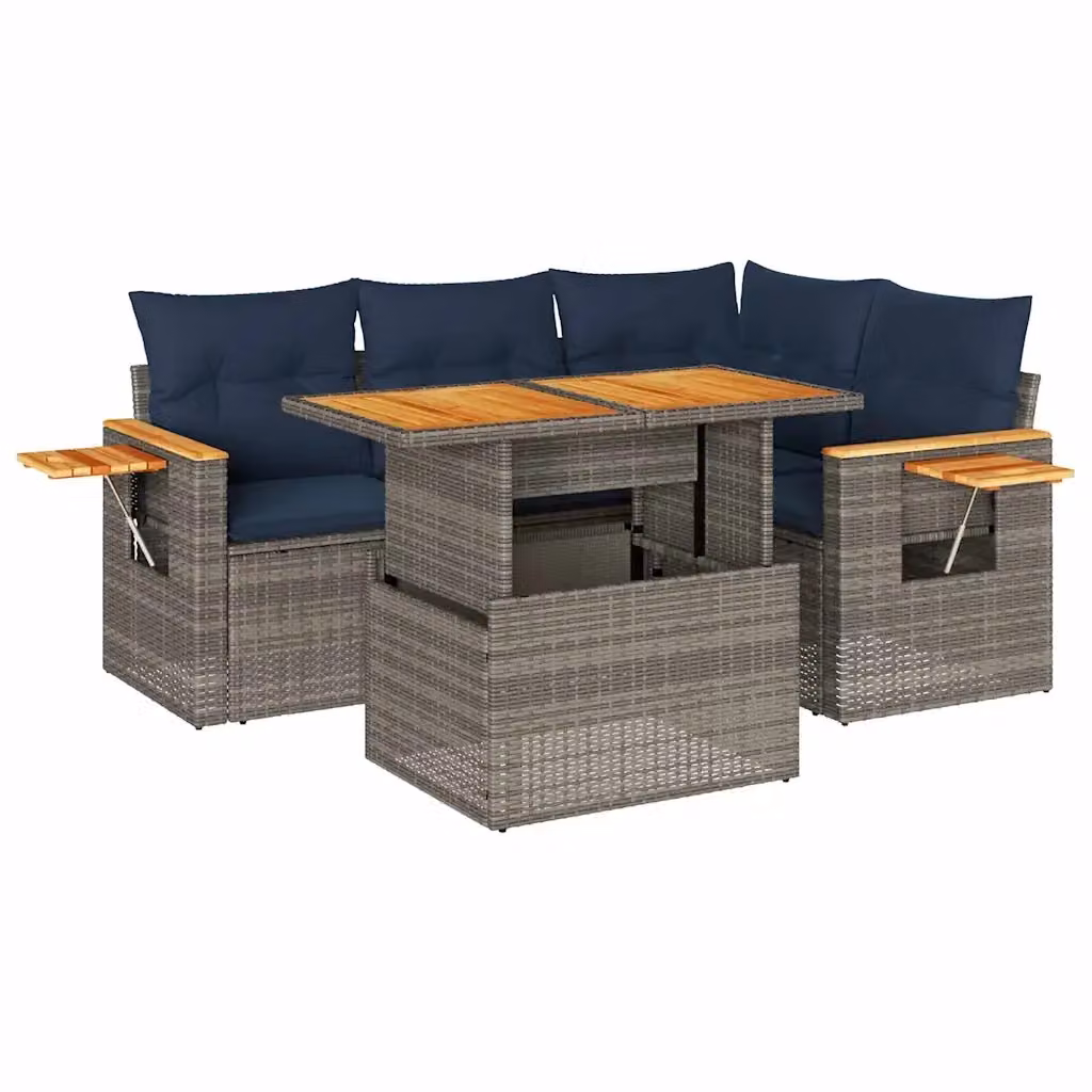 Set Divano da Giardino a L con Polyrattan e Legno di Acacia vidaXL, 5 Pezzi con Cuscini Grigio e Blu – 2