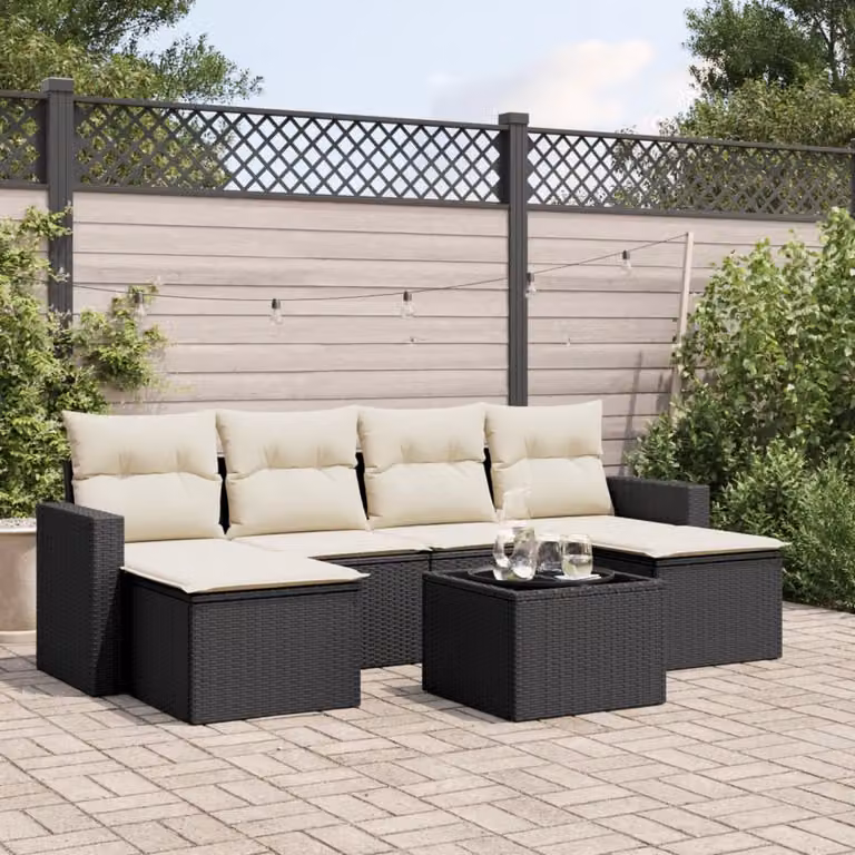 vidaXL Set Divani da Giardino a L con Cuscini 7pz in Polyrattan Nero e Bianco