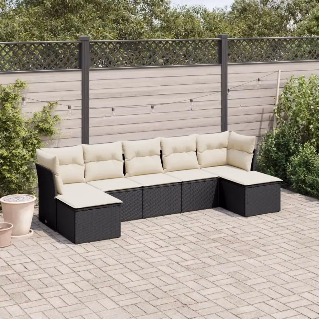 Set Salotto da Giardino a L con 7 Pezzi in Polyrattan Nero e Cuscini Bianchi – 2