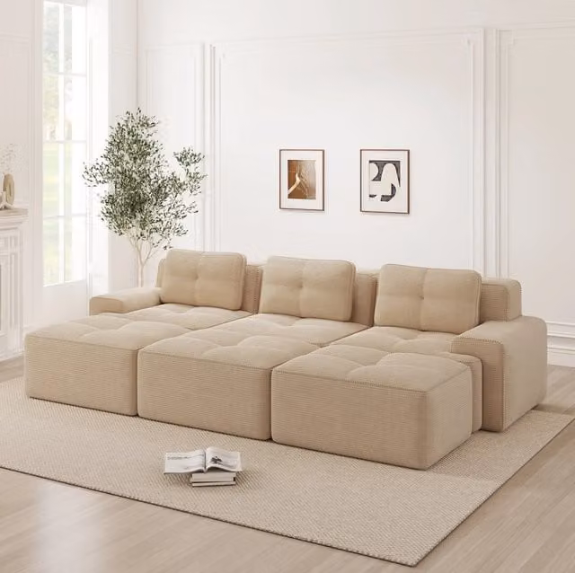 Divano modulare 293.0x177.0x69.0 cm con funzione letto in velluto a coste beige
