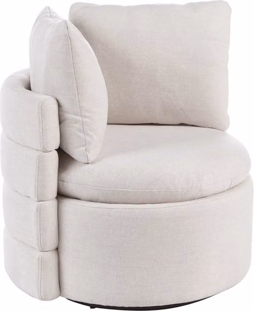 Poltrona in tessuto con schienale curvo base girevole a 360° con contenitore cuscini decorativi bianco sporco stile retrò angolo lettura