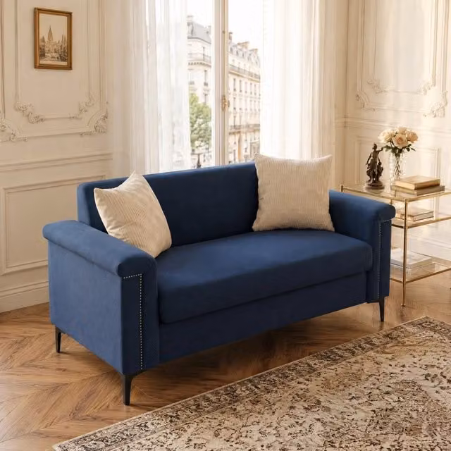 Divano a 2 posti Mivray moderno in tessuto blu e nero con struttura in legno e metallo per il tuo soggiorno L: 172 cm, P: 136 cm, H: 15 cm – 1