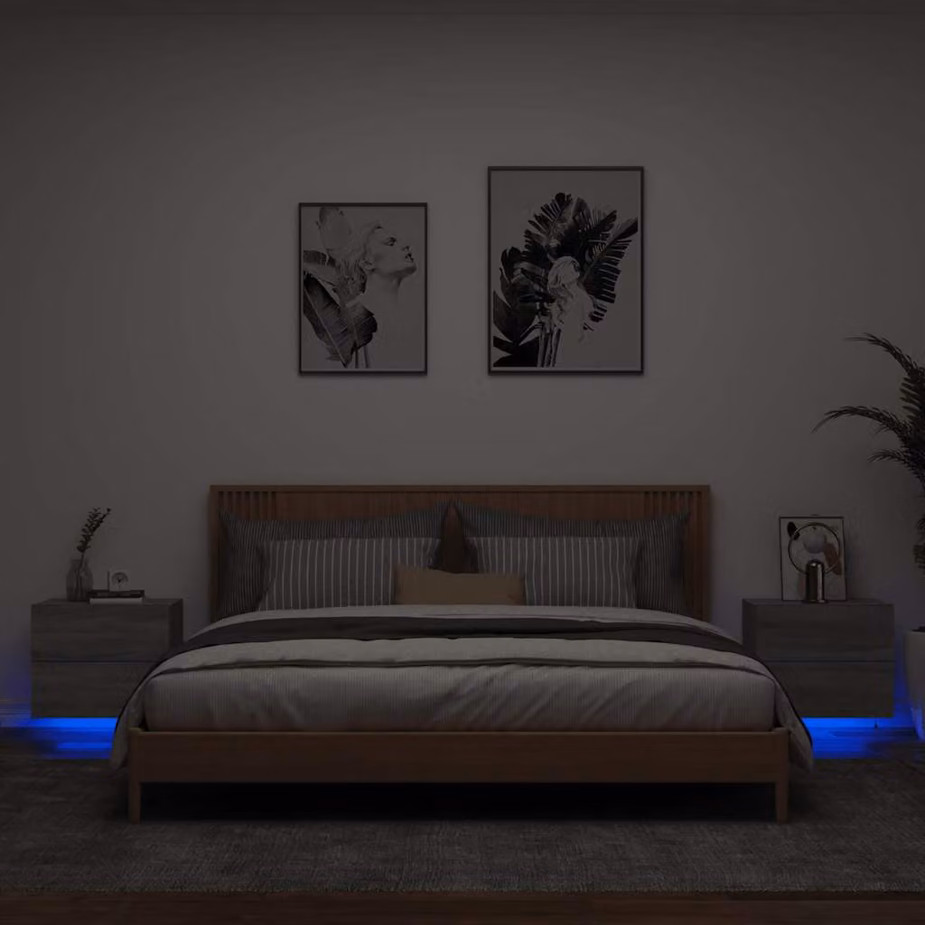 Set di 2 comodini da parete vidaXL con luci LED integrate, stile moderno, colore Grigio Sonoma