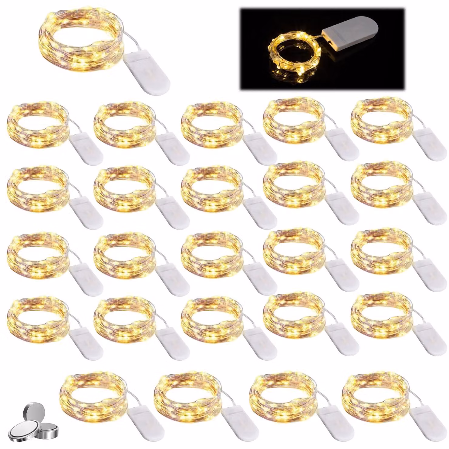 Catena luminosa a LED, 25 luci, 2 metri, alimentata a batteria, impermeabile, luce bianco caldo