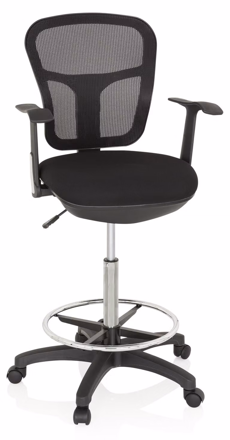 Sedia da ufficio nera, rivestita in tessuto e rete - Sedia ergonomica per il lavoro con poggiapiedi