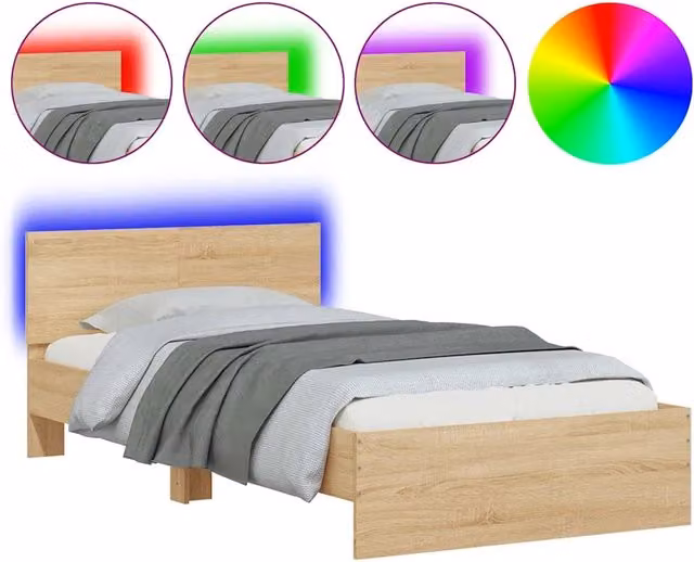 Letto singolo per adulti DESIGN IN con testiera, illuminazione LED sottostante e porta di ricarica USB, Rovere Sonoma, L 100 x P 200 cm