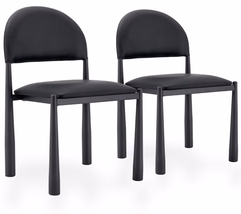 Set di 2 sedie da pranzo in ecopelle, con schienale imbottito a forma semicircolare e gambe in metallo, colore nero/nero