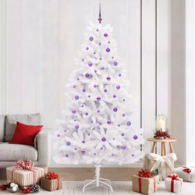 Albero di Natale Artificiale Moderno vidaXL Bianco con Luci LED RGB e Rami Pieghevoli in PVC e Metallo, Altezza: 240 cm