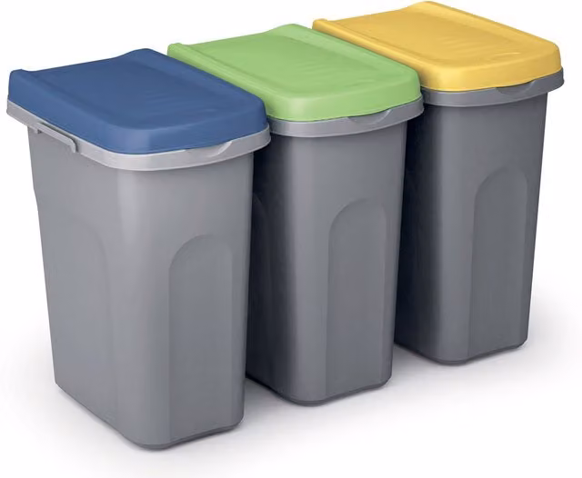 Set di 3 cestini per rifiuti in plastica CASARIA da 25L con coperchio a ribalta, colori grigio, giallo, verde e blu