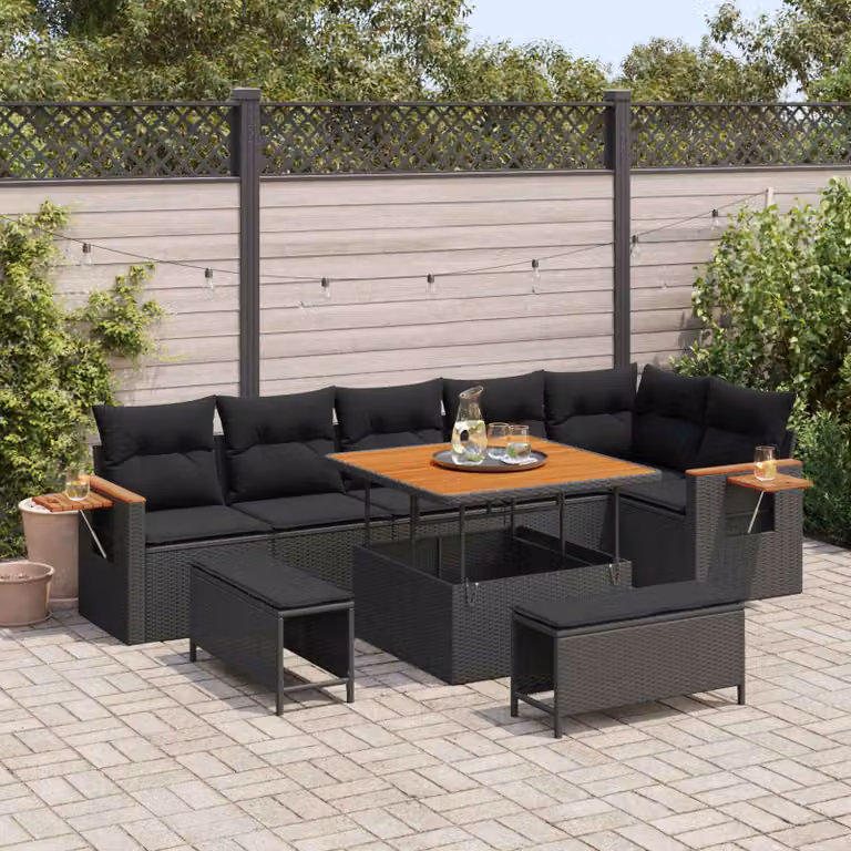 Set Divano da Giardino Moderno vidaXL a Forma a U in Polyrattan Nero con Cuscini e Tavolino da Caffè