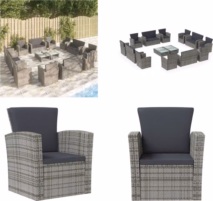 vidaXL 16 pezzi set salotto da giardino con cuscini in poly rattan grigio - Set salotto da giardino - Set salotto da giardino - Mobili da patio - Mobili da giardino