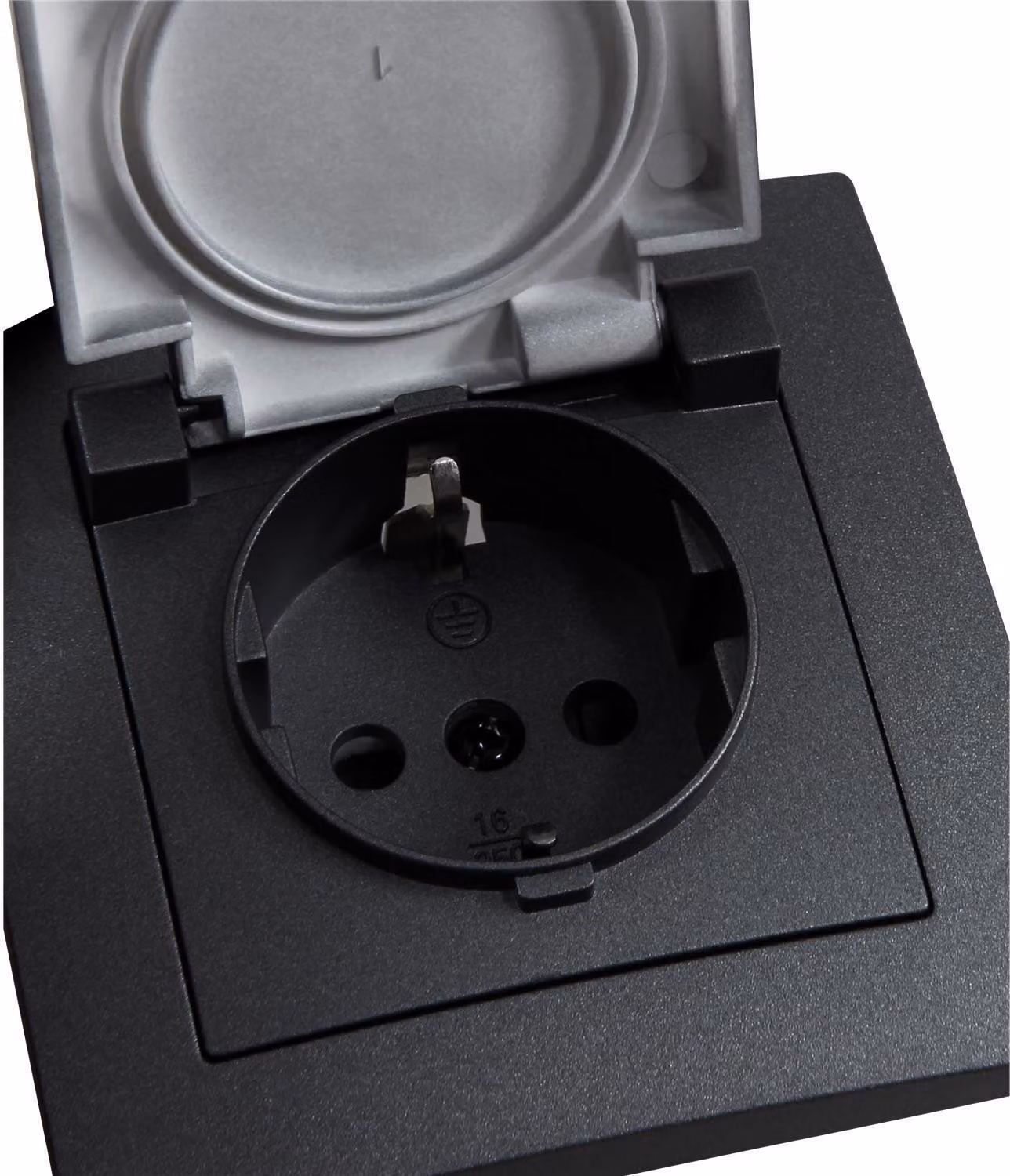 presa di corrente con contatto di protezione McPower "Flair" in confezione da 12 pezzi, 250V~/16A, da incasso, coperchio a cerniera, IP44, antracite, opaco