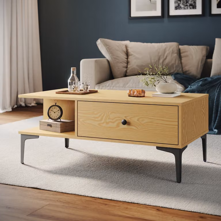 SONNI Tavolino color legno 100x55x40 cm con mobile a 2 cassetti Tavoli da soggiorno Tavoli da soggiorno Materiale a base di legno