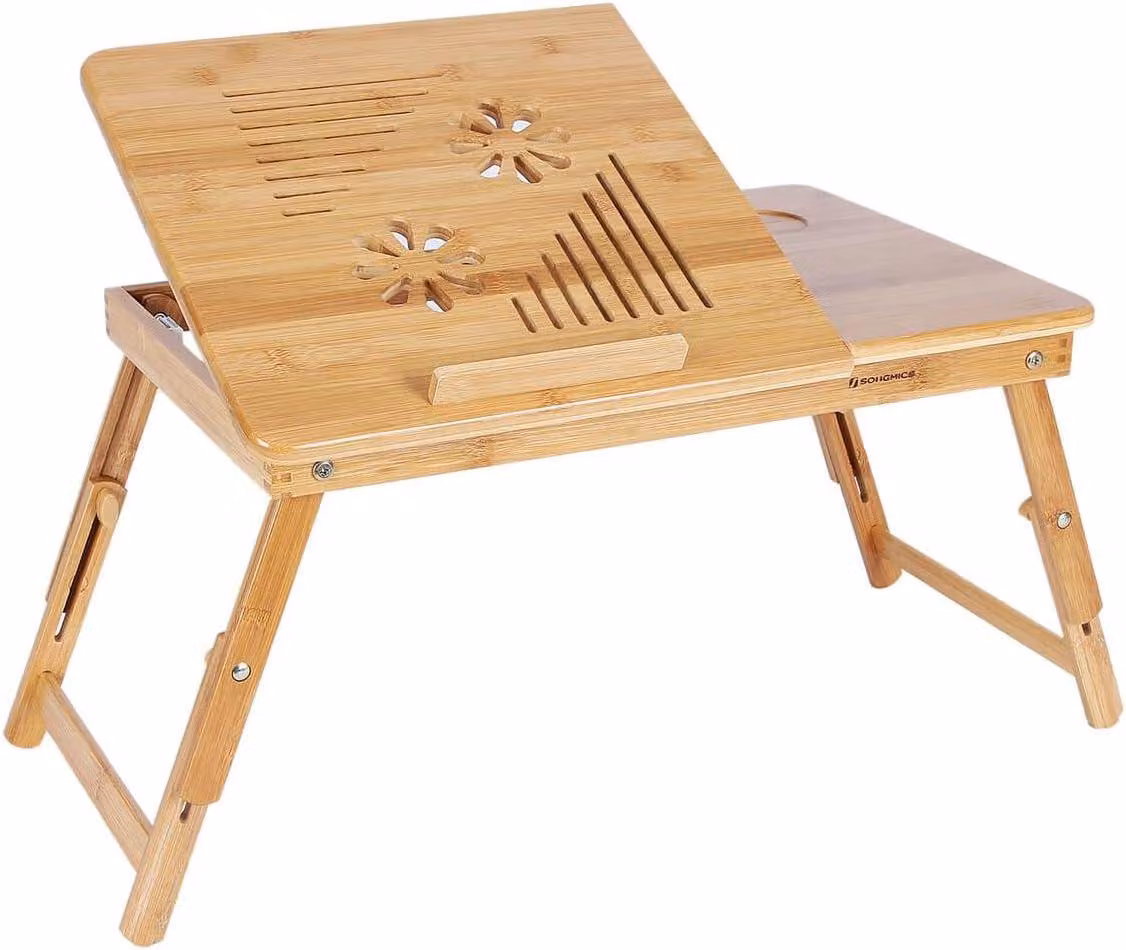 Tavolino per laptop da usare a letto o sul divano - Tavolino in bambù - Pieghevole - Altezza regolabile - Piano inclinabile - Colore naturale